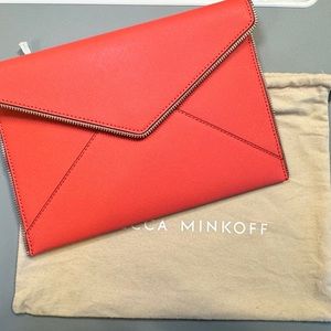 NWOT Rebecca Minkoff Leo Envelope Clutch Gold Zip Trim in Pink Coral